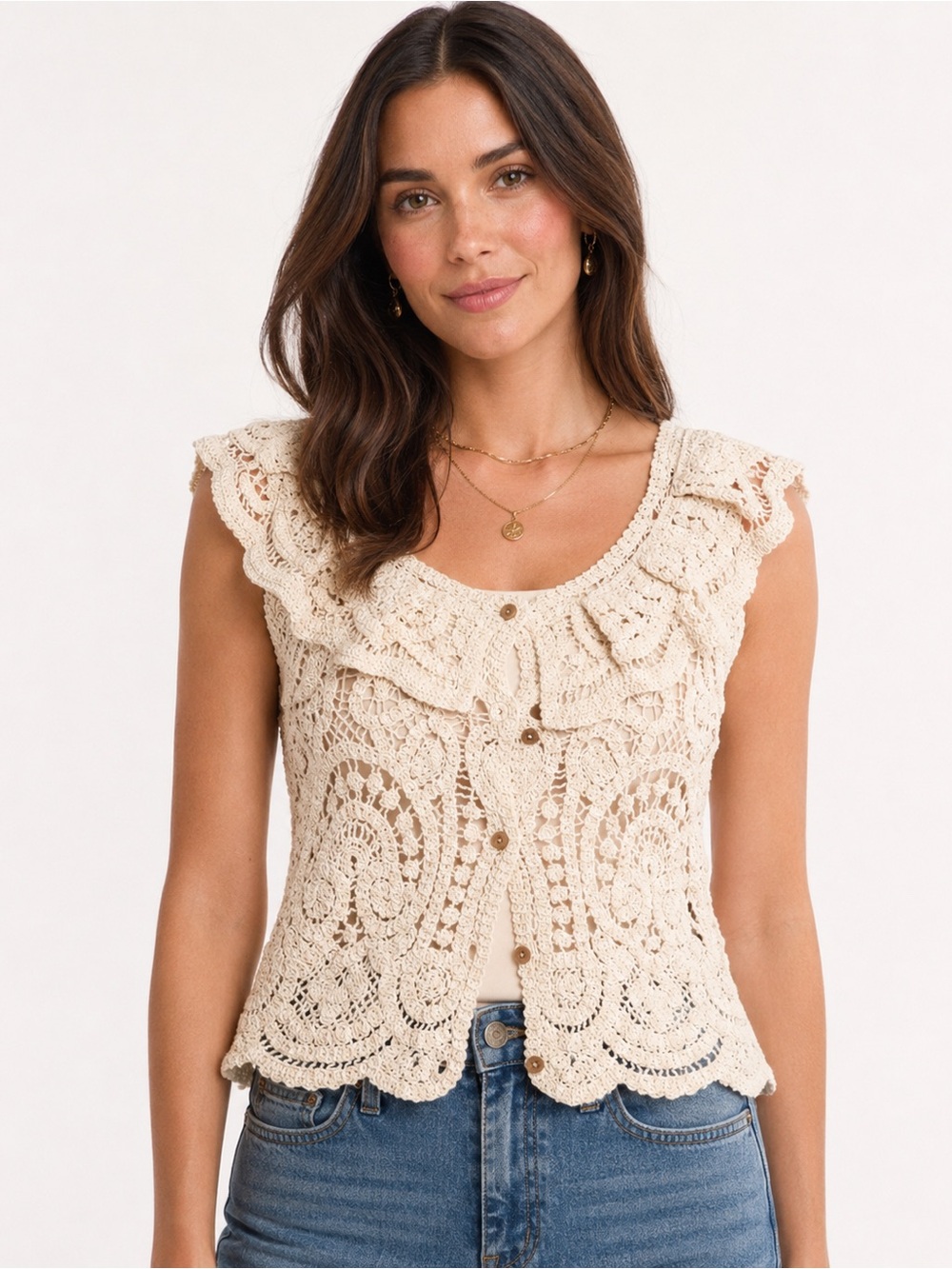 LIV Los Angeles XL Cream Crochet Ruffle Button Vest Boho Cottagecore Cotton